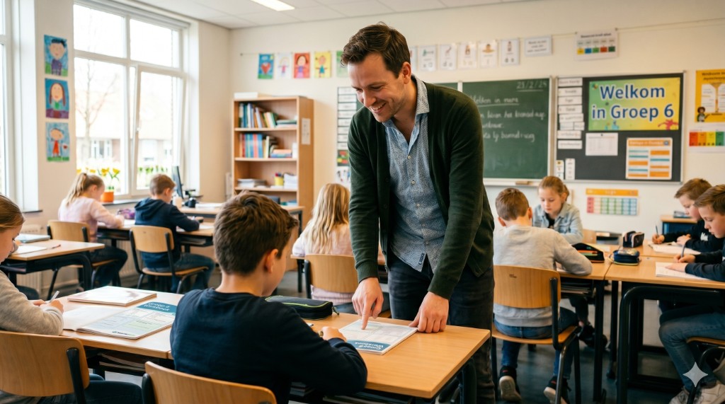 Leerkracht begeleidt een groep leerlingen die met werkbladen aan de slag zijn.