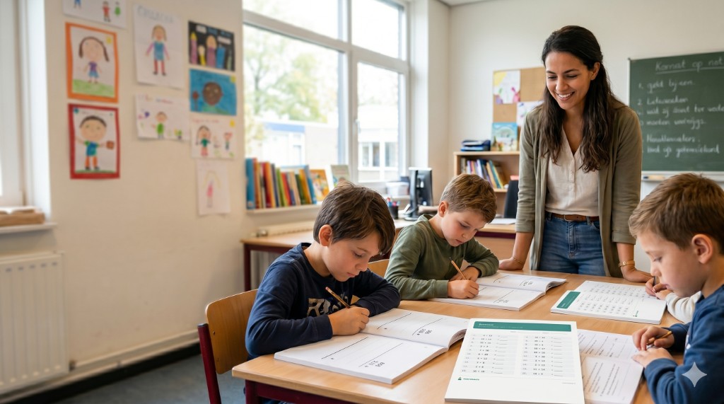 Leerkracht helpt leerlingen tijdens zelfstandig werken in de klas.